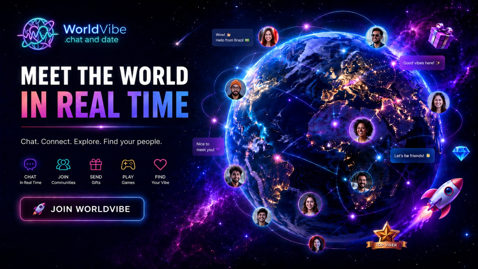 WorldVibe — cosmic travelers gathered under a bright nebula, chat bubbles floating around them