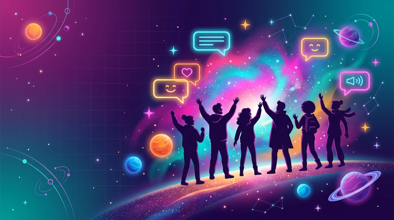 WorldVibe — cosmic travelers gathered under a bright nebula, chat bubbles floating around them